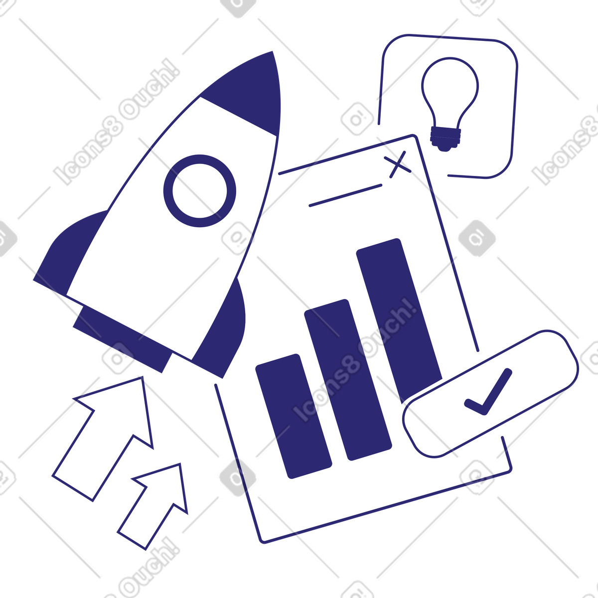 Ilustración Lanzamiento de startups, ideas y métricas. en estilo Cut a descargar en PNG SVG