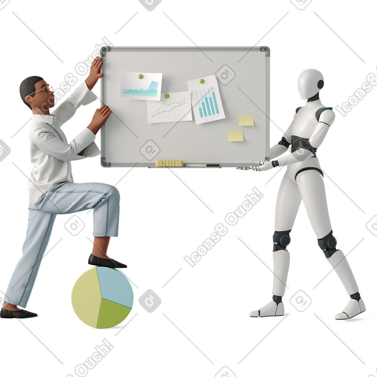Ilustración Office worker and humanoid robot assistant working on infographics en estilo 3D Business a descargar en PNG y SVG