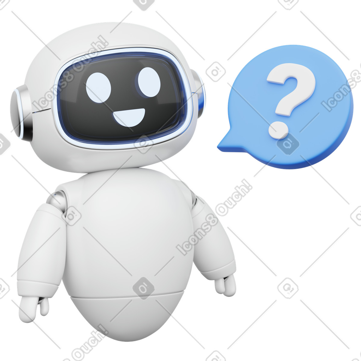Online helpdesk chatbot robot with question mark bubble illustration in 3D Playful style download in PNG, SVG