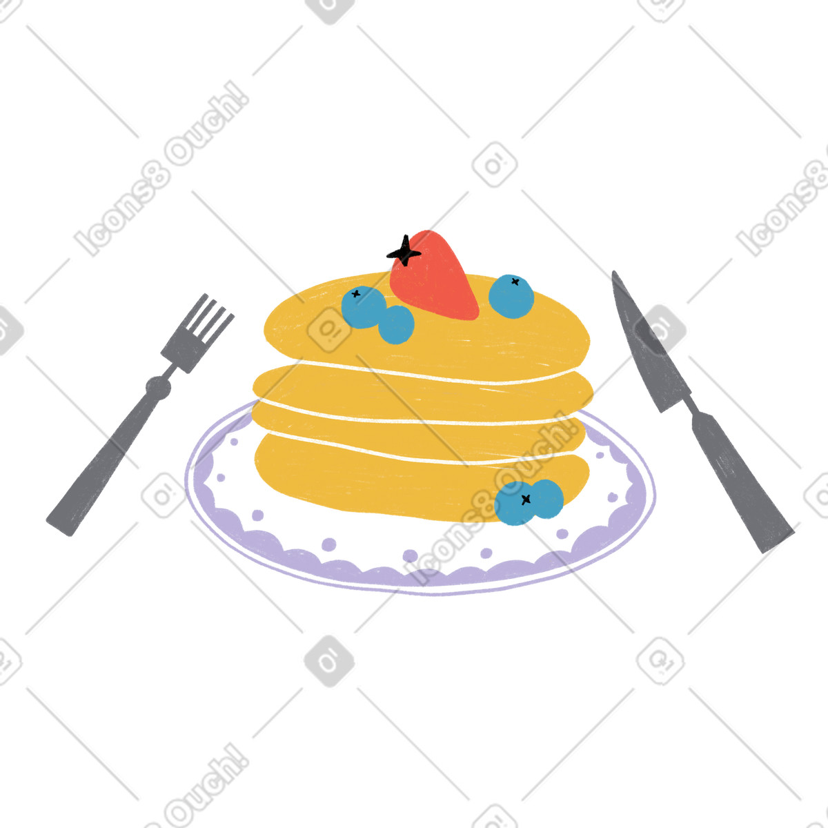 Ilustración Pancakes with berries on a plate and cutlery en estilo Tutti descargar en PNG y SVG