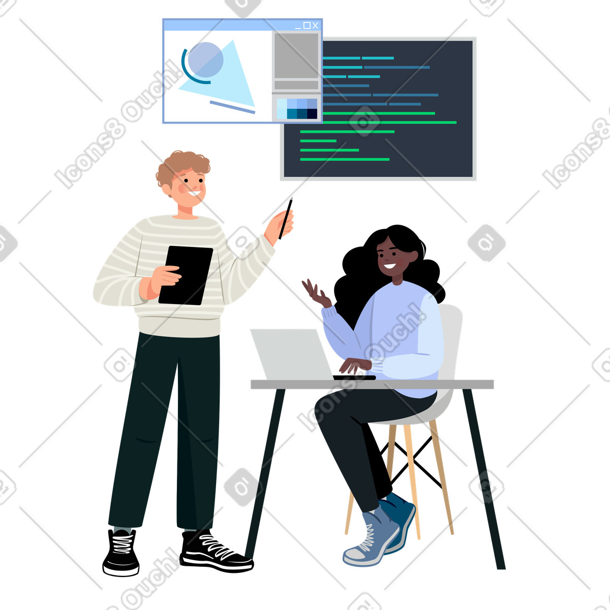 Lagom スタイルの 共同プロジェクトについて話し合うデザイナーとプログラマー のイラストをPNG、SVG形式でダウンロード