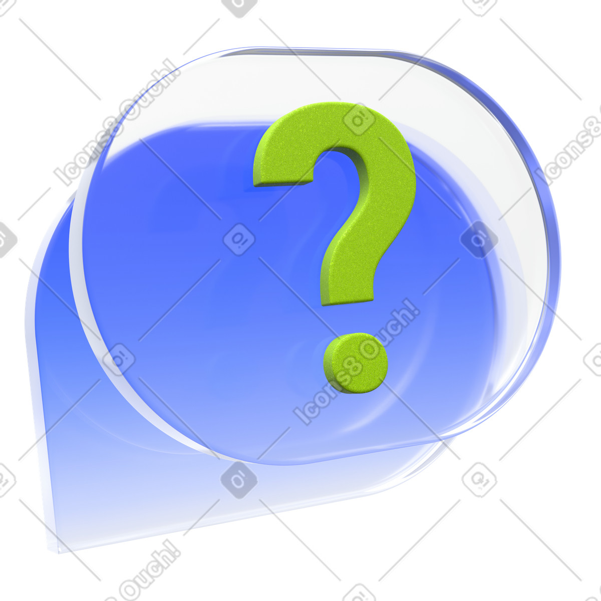 Ilustración Burbuja de chat con preguntas, diálogo azul pregunta verde, centro ayuda en estilo 3D Enterprise a descargar en PNG y SVG