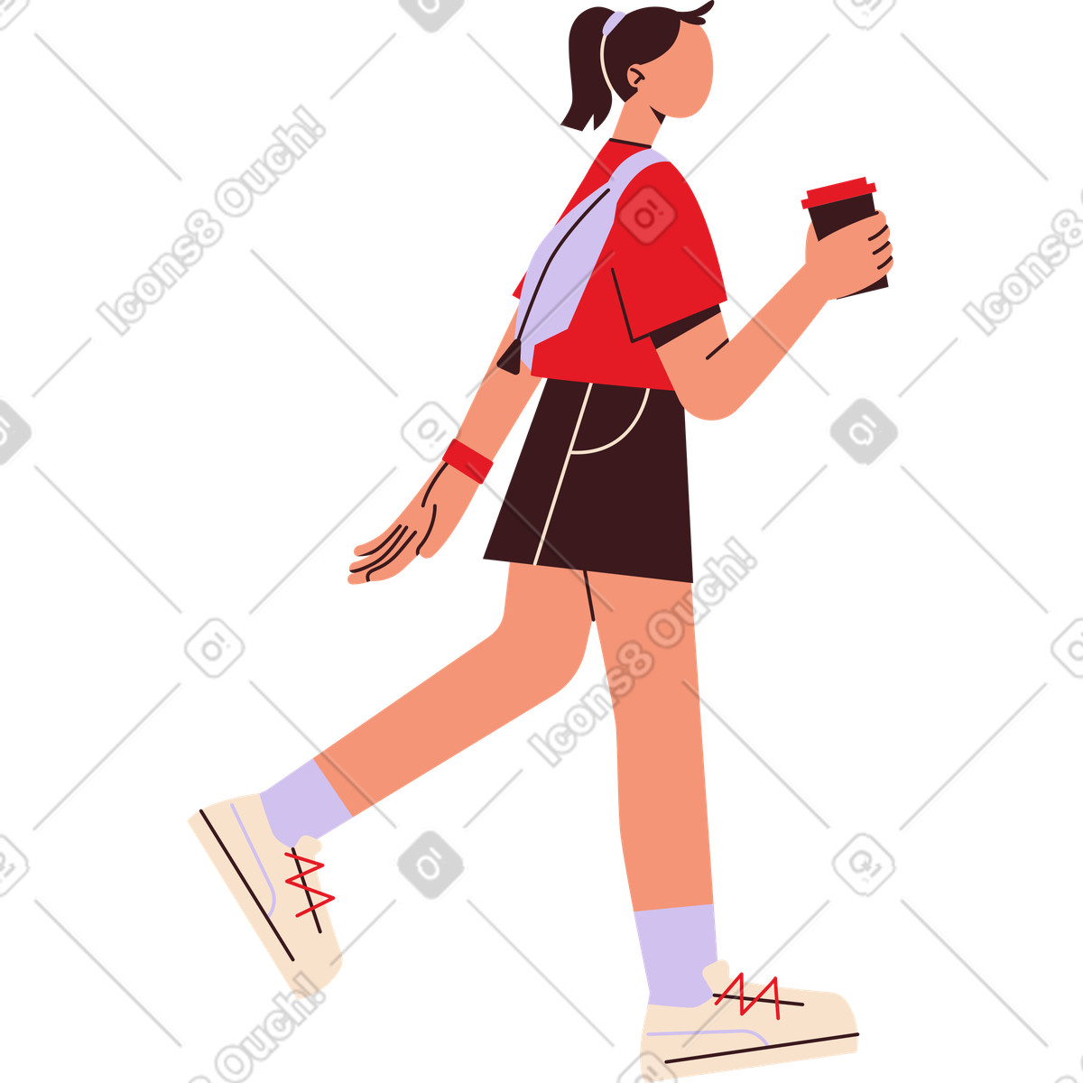 Gehende frau mit einer tasse kaffee und einem rucksack auf dem rücken-Illustration im Folks-Stil als Download in PNG, SVG