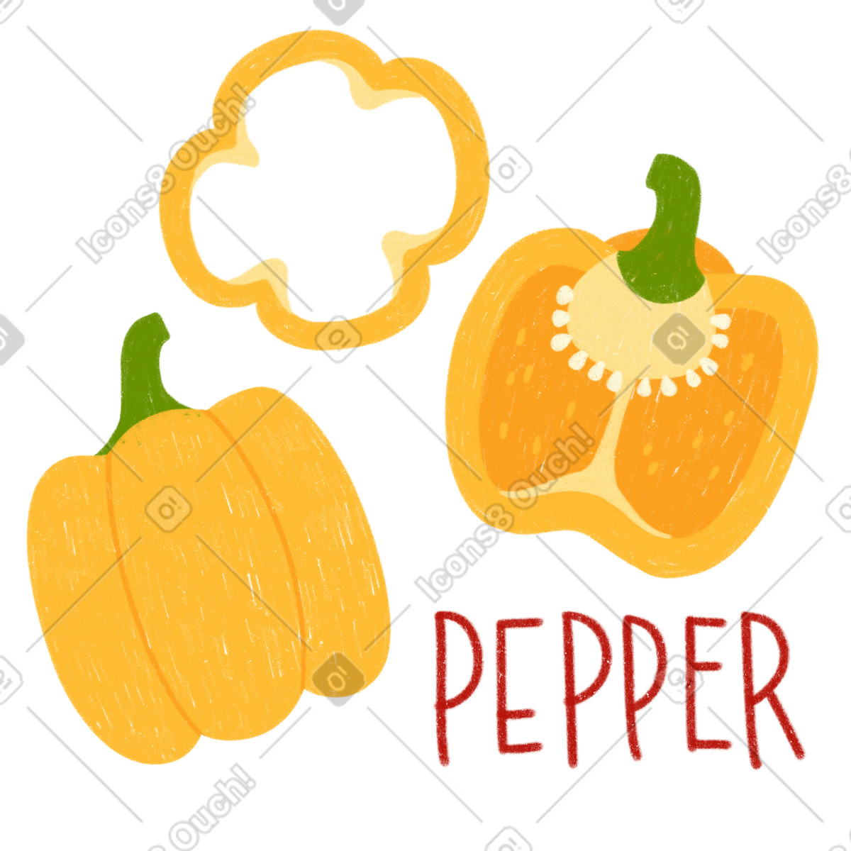 Ilustração de Pimentão amarelo, metade uma pimenta, fatia pimenta e letras em no estilo Cozy para baixar em PNG, SVG