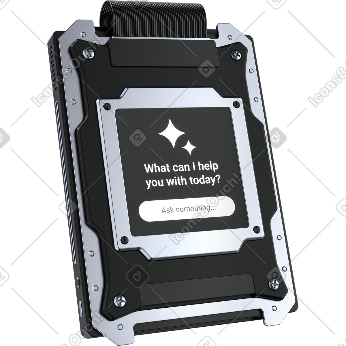 AI assistant helpdesk interface on futuristic handheld device illustration in 3D Pro style download in PNG, SVG