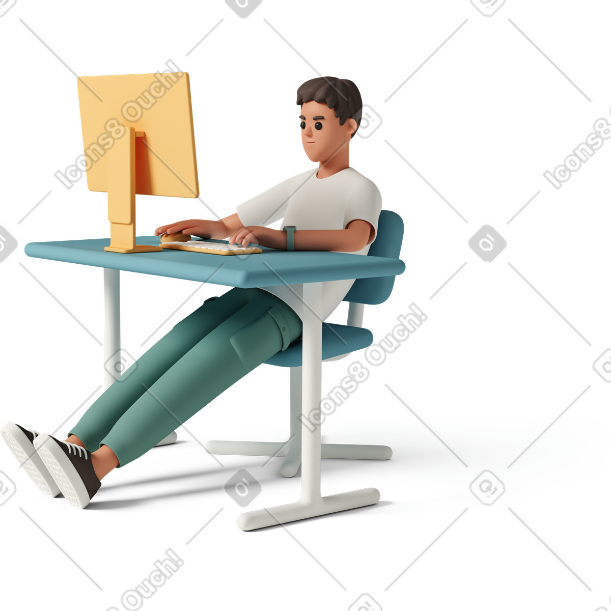 Office worker slouching at computer desk, remote work burnout and fatigue-Illustration im 3D Casual life-Stil als Download in PNG, SVG