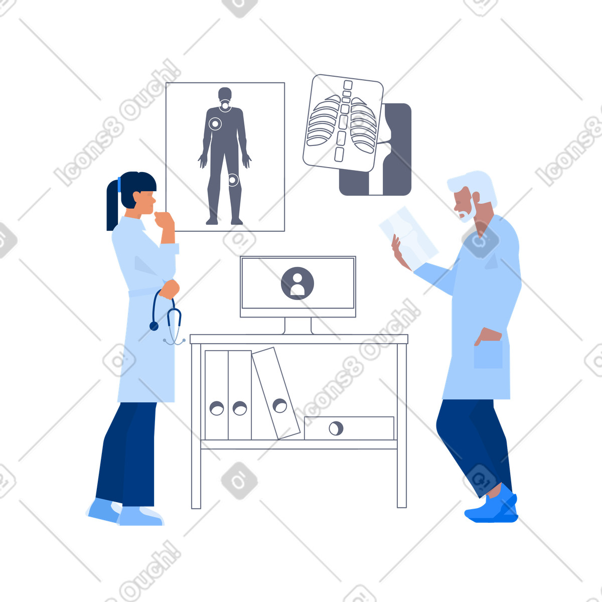 Illustration Médecins examinant des images radiographiques dans le style Urban à télécharger aux formats PNG, SVG