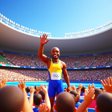 A depiction of "Jesse Owens" waving with a smile to a cheering crowd in a packed stadium. The stands are filled with enthusiastic spectators, some holding flags and banners. Bright stadium lights illuminate the scene, highlighting "Jesse Owens" in his Olympic attire. The background features an array of colorful banners and flags representing various nations. The energy of the crowd is palpable, with people standing and clapping in celebration.