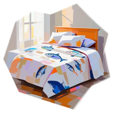 A cozy quilt spread out on a wooden bed, featuring intricate patterns of "cod fish" swimming amidst waves and "nautical themes" such as anchors, compasses, and ropes. The quilt is made from soft fabric with a variety of blue, white, and sandy beige colors, creating a warm and inviting atmosphere. Sunlight filters through a nearby window, casting gentle shadows on the quilt's surface, enhancing the details of the patterns. A couple of decorative pillows in coordinating colors are arranged at the head of the bed.
