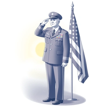 A veteran in military uniform standing tall and saluting. The uniform is neatly pressed, featuring various medals and insignia. The veteran’s face shows a sense of pride and honor. In the background, the American flag is prominently displayed, fluttering gently in the morning breeze. The sunrise casts a soft light, illuminating the scene with a blend of shadows and highlights, creating a solemn atmosphere. The surroundings are simple, emphasizing the veteran and the flag.