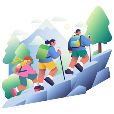 A family of four is hiking up a challenging mountain trail. The father, with short brown hair and wearing a blue jacket, is leading the way, holding a walking stick. The mother, with long black hair in a ponytail and wearing a green backpack, is following closely behind, also using a walking stick. The two children, a boy with curly blonde hair in a red cap and a girl with braids in a pink jacket, are playfully racing each other on the path. Each family member has a sturdy backpack strapped to their back, filled with supplies. The trail is rocky and steep, surrounded by lush green trees and craggy mountain rocks. Sunlight filters through the leaves, creating a mixture of light and shadow on the path.