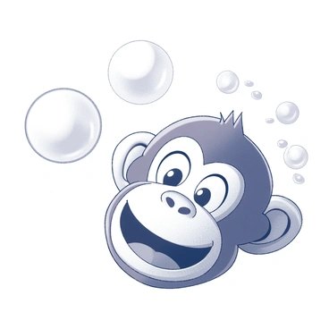 A monkey face with an expressive, bubbly appearance is positioned in the center of the image. The monkey's eyes are wide with excitement, and its mouth is open in a playful grin, showcasing its cheerful demeanor. The monkey is blowing soap bubbles, which are captured in various sizes and shapes as they float away from its mouth. The bubbles have a reflective surface, creating visual interest as they catch light. In the background, there are subtle hints of a playful environment, such as leaves or branches, enhancing the scene without distracting from the main focus on the monkey and the bubbles.
