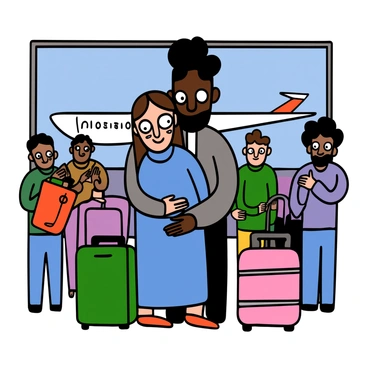 Close-up of a light-skinned woman with big eyes and long brown hair, and a dark-skinned man with big eyes and short curly hair. The woman is wearing a blue sweater and has tears in her eyes. The man is wearing a gray jacket and is holding her tightly. They are standing at an airport departure gate, surrounded by people and luggage. The background features a large window with an airplane visible outside, creating an emotional farewell scene.