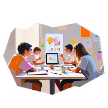 A team of illustrators is gathered around a large table, actively discussing and sketching ideas for a branding project for a new product launch. Each artist has a sketchpad and various art supplies spread out before them. One illustrator with short hair is presenting a colorful concept drawing on a digital tablet, while another illustrator with glasses is making notes on a notepad. The atmosphere is focused and engaged, with a mood board featuring product inspirations and color palettes pinned to a nearby wall. A laptop is open, displaying design software, and coffee cups are scattered around the table.