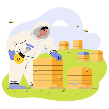 A beekeeper wearing a white protective suit and a round mesh veil is carefully tending to a wooden bee hive. The beekeeper has gloved hands and holds a shiny metal smoker in one hand. In the background, there are several other bee hives arranged neatly in a grassy field. Bees are buzzing around the hive, and there is a blue sky overhead with a few fluffy white clouds. The scene conveys a sense of diligent care in apiculture.