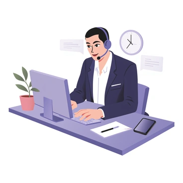 A customer service representative is seated at a desk, engaged in a phone conversation with a client. The representative has light skin and short black hair, wearing a blue headset. They are dressed in a white shirt and navy blue blazer. The representative is typing on a modern computer keyboard, looking focused on the screen. On the desk, there is a smartphone and a notepad with a pen. In the background, there are office elements such as a potted plant and a wall clock. The atmosphere conveys a sense of professionalism and dedication to customer service.