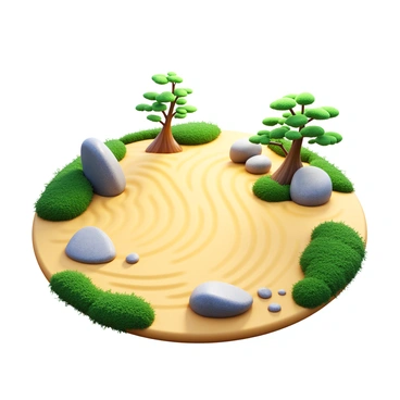 A Japanese zen garden featuring a smooth surface of raked sand with intricate patterns. There are several carefully placed rocks of various sizes scattered throughout the garden. Lush greenery surrounds the garden, including small shrubs and moss. A few delicate bonsai trees are positioned strategically, adding an organic element to the design. The scene is bathed in soft, natural light, highlighting the textures of the sand and stones.