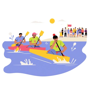 A group of canoeists in brightly colored canoes paddling fiercely in a sprint race. The water is a clear blue with ripples from their movements. Each canoeist is focused and determined, with splashes of water flying around them. The sun is shining brightly in a clear sky. On the shore, a crowd of spectators is gathered, some waving flags and others cheering enthusiastically. The scene captures the excitement and energy of the race.