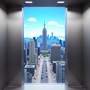 A view from an elevator ascending the Empire State Building. The walls of the elevator are sleek and metallic, reflecting the interior lighting. Through the glass elevator panel, glimpses of the city unfold below. Skyscrapers, streets filled with cars, and bustling pedestrians can be seen, showcasing the vibrant life of New York City. The skyline features iconic buildings, and the sky above is a bright blue with a few fluffy clouds. The scene captures the gradual rise of the elevator, emphasizing the height of the Empire State Building against the urban landscape.