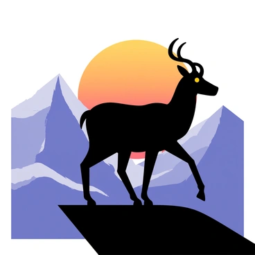 A striking silhouette of an "ibex" standing prominently on a rocky ledge. The ibex is depicted with curved horns and a strong posture. In the background, there are "tall mountains" with sharp peaks reaching towards the sky. The mountains are illustrated in varying shades of gray and blue, creating a sense of depth. The scene is set during sunset, with an orange and purple gradient filling the sky. The silhouette of the ibex is sharply contrasted against the colorful sky and the rugged mountain terrain.