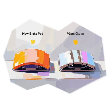 An illustration depicting a side-by-side comparison of new and worn brake pads. The new brake pad is on the left, showcasing its thick, intact friction material and clean, even edges. The worn brake pad is on the right, highlighting its significantly reduced thickness, frayed edges, and signs of wear such as discoloration and uneven surfaces. Both brake pads are positioned on a neutral background, allowing for clear visibility of the differences in their condition. Labels "New Brake Pad" and "Worn Brake Pad" are placed above each respective pad for clarity.