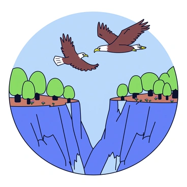 A pair of eagles with dark brown feathers soaring gracefully above a deep chasm. Below them, vibrant green trees are sprawling along the cliffs, indicating a thriving wildlife scene. The sky is a clear blue, providing a stark contrast to the eagles' outstretched wings as they catch the wind. The chasm reveals rocky formations and patches of wildflowers along the edges.