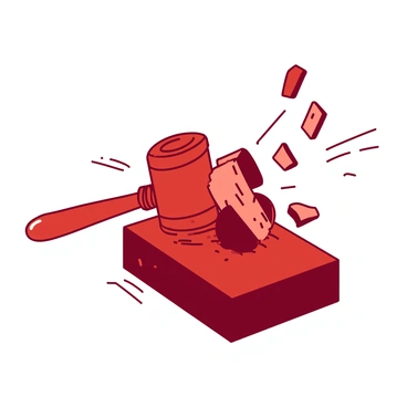 A red gavel is in motion, striking a wooden sound block with a sharp angle. The sound block is a rich brown color, polished to a shine. The gavel is depicted at the moment of impact, with visible motion lines emphasizing its forceful descent. Surrounding the gavel, there are small fragments of wood flying away from the sound block, further enhancing the dramatic effect of the strike. The focus is on the dynamic interaction between the gavel and the sound block.