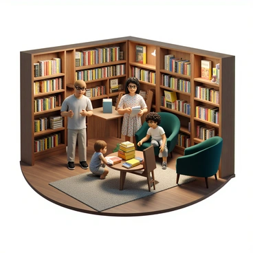 A family of four is arranging books on wooden shelves in a quaint bookstore. The parents, a man with short brown hair wearing glasses and a woman with curly black hair in a floral dress, are sorting through various colorful book covers. Two children, a boy and a girl, are playfully stacking smaller books on a nearby table. In the background, there is a cozy reading corner with a plush armchair upholstered in deep green fabric and a small table, both surrounded by bookshelves filled with a variety of books. Soft, warm lighting illuminates the scene, creating an inviting atmosphere.