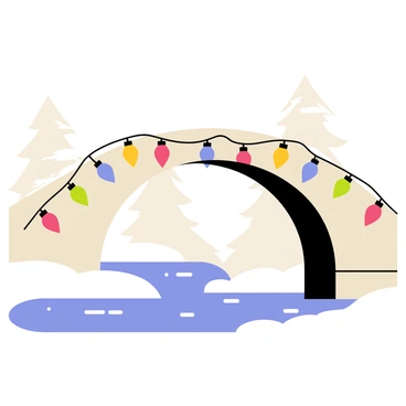 A cartoon bridge arching over a river, with a curved design and solid supports. The bridge is decorated with an array of colorful holiday lights, including red, green, blue, and yellow bulbs strung along its sides and hanging underneath the arches. The lights are glowing brightly, casting a warm ambiance. Below the bridge, the river is gently flowing, reflecting the colorful lights in its surface. The background features stylized trees covered in snow, enhancing the festive atmosphere.
