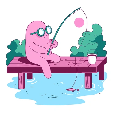A pink slowboy with round glasses is sitting on a weathered wooden dock, legs dangling over the edge. In his hands, he holds a teal fishing rod, with the line cast gently into the water below. The sun is rising, casting a soft glow over the tranquil scene, where gentle ripples disturb the calm surface of the water. Nearby, a small white bucket sits on the dock, ready to catch any fish he might reel in. The surrounding area is filled with lush green foliage, creating a peaceful backdrop for his quiet morning.