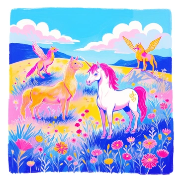 A sunny meadow is filled with a variety of mythical creatures. In the foreground, a majestic unicorn with a pearly white coat and a spiraled golden horn stands gracefully. Beside it, a griffin with the body of a lion and the wings and head of an eagle is perched on a rock, its feathers shimmering in the sunlight. Other creatures such as a centaur with a muscular human torso and horse legs can be seen wandering nearby, while a group of fairies flits among the colorful wildflowers. The sky above is blue with fluffy white clouds lazily drifting by.