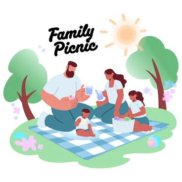 A family of four is sitting on a checkered picnic blanket spread out on green grass in a park. The father is holding a sandwich, while the mother is pouring juice into cups. A young girl is picking fruit from a basket, and a toddler is playing with a small ball nearby. Trees surround the area, providing shade, and colorful flowers are blooming in the background. A bright sun is shining above, casting warm light across the scene. "Family Picnic" is written in a playful font above them.