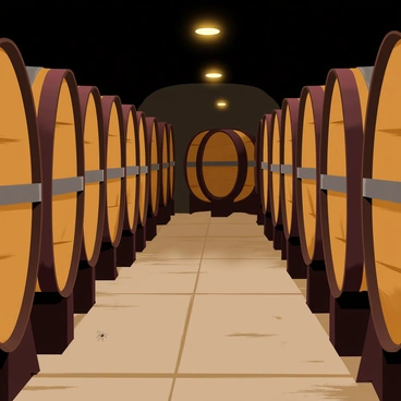 Rows of wooden barrels in a dimly lit wine cellar