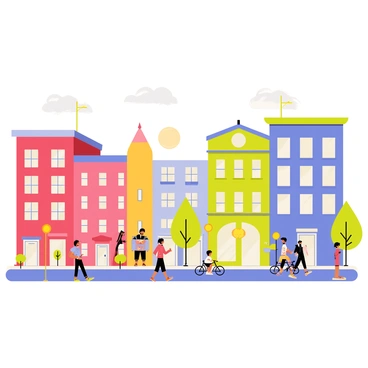 A city street featuring a variety of colorful buildings with exaggerated features. Each building has distinct shapes and patterns, with vibrant colors like red, blue, yellow, and green. The street is bustling with cartoon-style characters walking, riding bikes, and chatting. There are trees with stylized leaves lining the sidewalks, and whimsical street lamps illuminating the scene. The sky is bright and clear, adding to the cheerful atmosphere of the street.