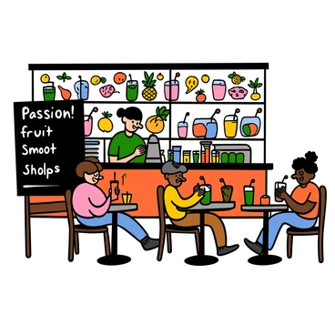A bustling smoothie shop filled with people enjoying their drinks. In the foreground, there is a large chalkboard menu displaying "Passion Fruit Smoothies" prominently at the top, surrounded by colorful drawings of fruits. Behind the counter, a barista with light skin and short dark hair is blending fruits, while another staff member is preparing smoothies. Customers of various backgrounds are sitting at small tables, sipping their smoothies and chatting, with vibrant decorations on the walls creating a lively atmosphere.