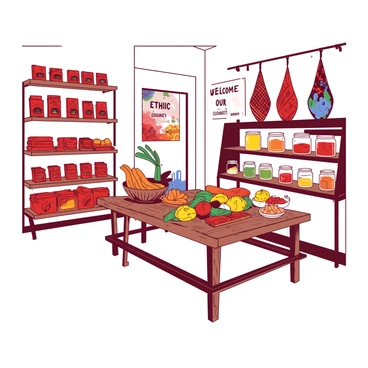A white ethnic cuisine store is filled with various exotic food items neatly arranged on wooden shelves. On the left side, there are colorful packets of spices in shades of red and orange, each labeled clearly with their names. To the right, a display features glass jars filled with vibrant sauces, attracting attention with their rich colors. Cultural decorations adorn the walls, including intricate textiles hanging in deep shades of red and blue. A wooden table in the center showcases fresh fruits and vegetables, adding a lively touch to the store's atmosphere. A small sign says "Welcome to our culinary journey," inviting customers to explore the diverse offerings.