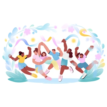 A group of children is joyfully dancing in a lush garden filled with vibrant flowers. Each child is holding long, colorful ribbons that flow gracefully in the air as they twirl and leap. Some children are wearing bright, patterned clothing, while others are in simple, cheerful outfits. Sunlight filters through the leaves, casting playful shadows on the ground. In the background, various types of flowers bloom in shades of pink, yellow, and blue, adding to the lively atmosphere.