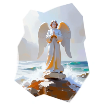 A white angel statue with detailed wings and a gentle expression stands firmly on a rocky shoreline. The statue is positioned amidst crashing waves, with water splashes surrounding its base. The ocean is turbulent, with large waves rolling in and a cloudy sky above. The angel's stone surface is slightly weathered, adding texture to its form. The scene conveys a sense of strength and calmness despite the surrounding chaos of the sea.