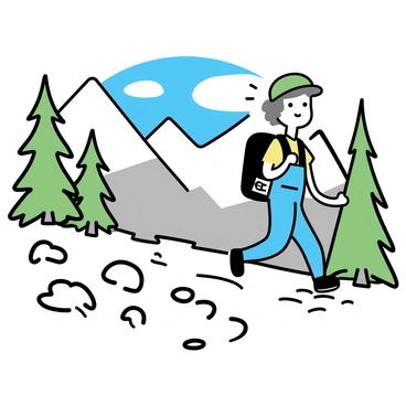 A man with a green cap and blue overalls is hiking up a rugged mountain trail. He is wearing hiking boots and a backpack. Surrounding him are tall pine trees and rocky outcrops. In the background, there are majestic mountains with snow-capped peaks and a clear blue sky. The man is stopping briefly to take in the "breathtaking view" of the landscape, with a look of appreciation on his face.