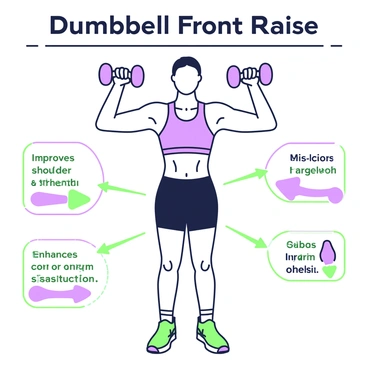 An infographic displaying the "dumbbell front raise" exercise. At the center, there is a detailed illustration of a person performing the exercise, holding a dumbbell in each hand at shoulder height with arms extended forward. The individual is in a standing position with feet shoulder-width apart, wearing athletic clothing. Surrounding the main illustration, there are labeled sections highlighting the benefits of the exercise, such as "improves shoulder strength" and "enhances core stability." Additional target muscles are illustrated with arrows pointing to the deltoid muscles in the shoulders and upper chest area. The overall layout is organized with a clear title at the top, and the colors used are complementary to emphasize the various elements.