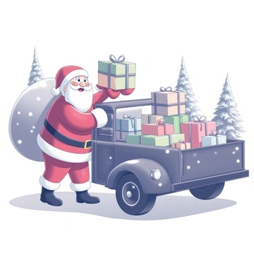 Santa Claus in his traditional red suit with white fur trim is loading a variety of colorful gifts into the back of an old-fashioned truck. The truck has a classic design, with rounded edges and a shiny chrome grille. The truck's bed is filled with wrapped presents of different sizes and shapes, adorned with ribbons and bows. Santa's cheerful expression reflects his excitement as he lifts a large gift and carefully places it in the vehicle. Snow is lightly falling around him, creating a festive atmosphere, while the background features a winter landscape with evergreen trees dusted with white snow.
