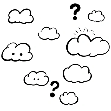 A sky filled with fluffy clouds, each shaped distinctively to resemble questioning faces, with some clouds featuring exaggerated eyebrows and curving outlines. The clouds vary in size, creating a dynamic scene that encourages the viewer to look closely and interpret the expressions. The overall composition captures a sense of curiosity and wonder in a monochromatic scheme.