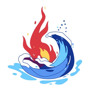 A red flame and a blue wave are swirling together in a dynamic dance, creating an intricate pattern where they meet. The flame flickers gently, illuminating the area around it with a vibrant glow. The wave cascades gracefully, its curves contrasting with the sharp edges of the fire. Small droplets of water rise from the wave, catching the light as they blend into the flame, showcasing a seamless integration of both elements. The surrounding area reflects their colors, creating a visually stunning representation of unity.