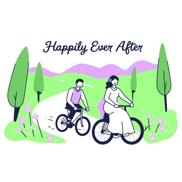 A wedding card features a couple riding bicycles through a picturesque countryside landscape. The couple is smiling, with the man wearing a light-colored shirt and the woman dressed in a flowing white dress, her hair adorned with flowers. They are cycling along a winding path surrounded by lush green fields and tall trees with purple flowers blooming alongside the route. In the background, gentle hills rise, adding depth to the serene countryside scene. "Happily Ever After" is prominently displayed at the top of the card in elegant lettering.