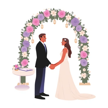 A couple is standing facing each other under a beautifully decorated floral archway. The archway is adorned with vibrant roses, white lilies, and green foliage. The man on the left has light skin and is wearing a dark suit with a white shirt and a light blue tie. The woman on the right has medium skin and is wearing a flowing white wedding dress with lace details. She has long, wavy brown hair adorned with small white flowers. They are both smiling at each other as they hold hands. In the background, there are soft hints of greenery and small decorative elements like lanterns and ribbons hanging from the archway. A small white table is set nearby with an open book and a bouquet of flowers, suggesting a heartfelt ceremony.