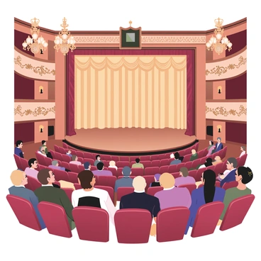 A digital flat illustration of an elegant theater interior. The theater features rows of plush, red velvet seats arranged in a semi-circle facing a grand stage. The stage is adorned with heavy, gold curtains, and elaborate decorations. The theater has opulent chandeliers hanging from the ceiling, casting warm light over the audience. The audience is visible, consisting of diverse individuals, each dressed in formal attire. Some are chatting quietly, while others are looking towards the stage with expressions of anticipation. The walls of the theater are richly decorated with intricate patterns and warm colors, enhancing the sense of grandeur.