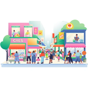 A lively main street is bustling with a diverse crowd of people walking and chatting. There are various shops lining the street, each displaying colorful storefronts adorned with bright signs and decorations. Some storefronts feature large windows showcasing their products, while others have vibrant awnings shielding outdoor seating areas. People of different ages and backgrounds are engaged in various activities, with some stopping to look at items in the shop windows. Street vendors are selling snacks, and a few children are playing nearby, adding to the cheerful atmosphere of the scene. Trees and flower pots add touches of greenery along the sidewalk.