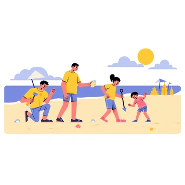 A family of four is strolling along a sandy beach. The parents are kneeling down, examining a colorful seashell, while their two children are excitedly digging in the sand with small shovels. The sun is shining brightly in a clear blue sky, and the waves are gently lapping at the shore. A few scattered seashells and shiny pebbles are visible in the sand around them, representing the treasures they are searching for. In the background, there are a couple of beach umbrellas and a distant sandcastle built by other beachgoers.