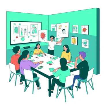 A teal meeting room is filled with a vibrant group of students engaged in an illustration club activity. One student is standing at the front, holding up a large white sketchpad displaying their artwork. Around the table, several students are animatedly discussing their ideas, with colorful markers and pencils scattered across the white table. A couple of students are sitting on white chairs, focused on sketching their own illustrations on smaller teal pads. The walls are adorned with various illustrations created by club members, creating an inspiring atmosphere.