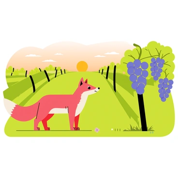 A vineyard with rows of green grapevines stretching across rolling hills. The sky is painted with shades of orange, pink, and purple as the sun sets in the background. A curious fox with a bushy tail stands on a grassy patch, gazing longingly at clusters of ripe, purple grapes hanging from the vine. The scene captures the lushness of the vineyard, with a few scattered grape leaves and the soft glow of the sunset illuminating the setting.